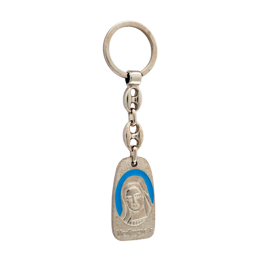Portachiavi con immagine San Michele su un lato e Immacolata sull'altro in metallo satinato 10 cm