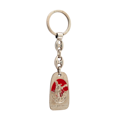 Portachiavi con immagine San Michele su un lato e Immacolata sull'altro in metallo satinato 10 cm