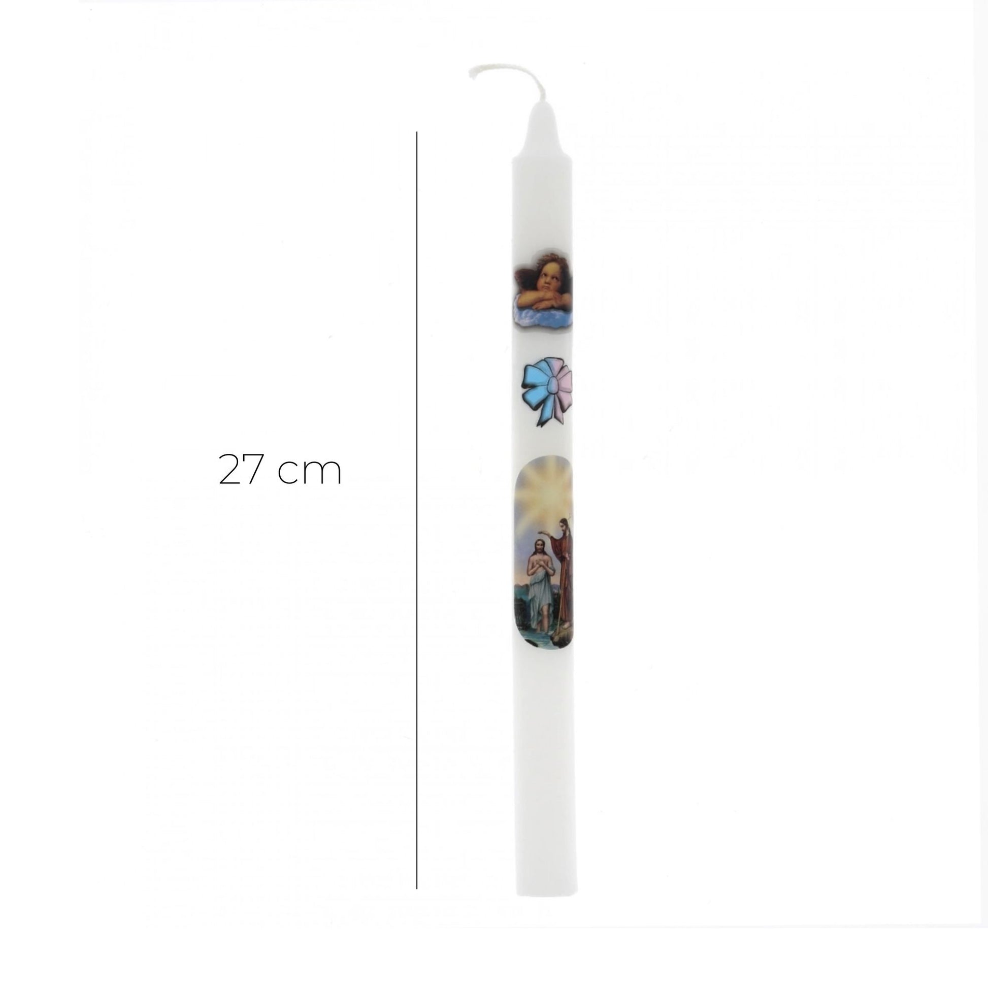 Candela bianca per Battesimo in busta. Dimensioini 27x2 cm