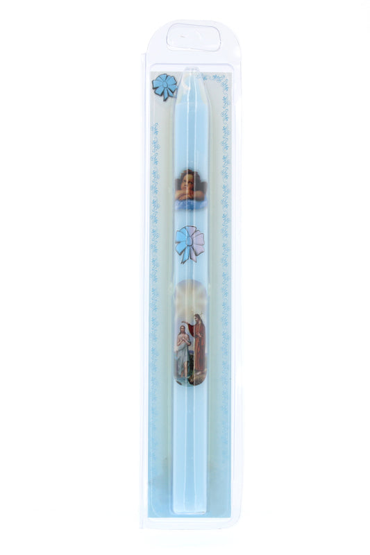 Candela celeste per Battesimo in astuccio con cartoncino