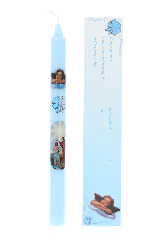 Candela celeste per Battesimo in astuccio con cartoncino