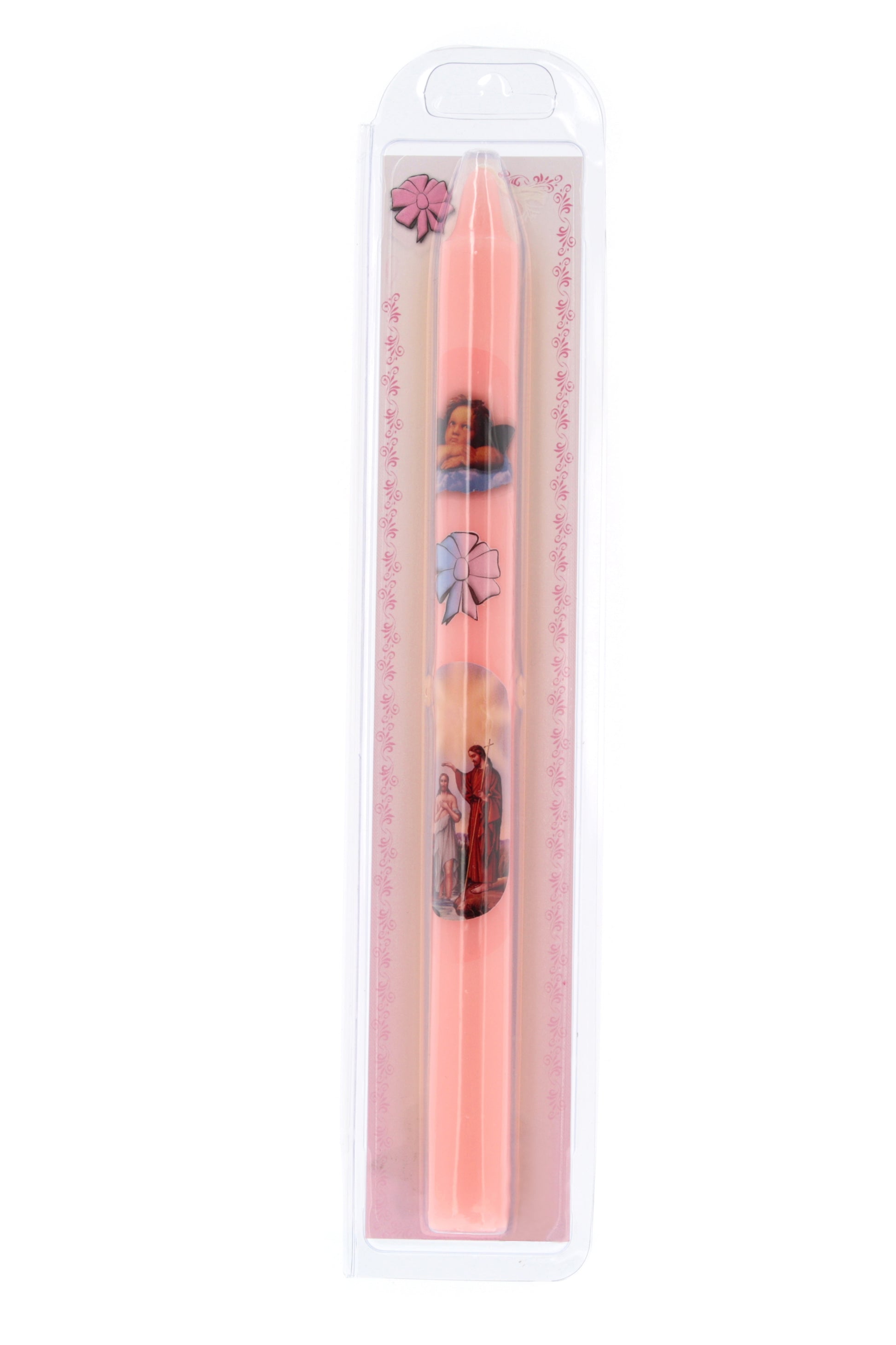 Candela rosa per Battesimo in astuccio con cartoncino