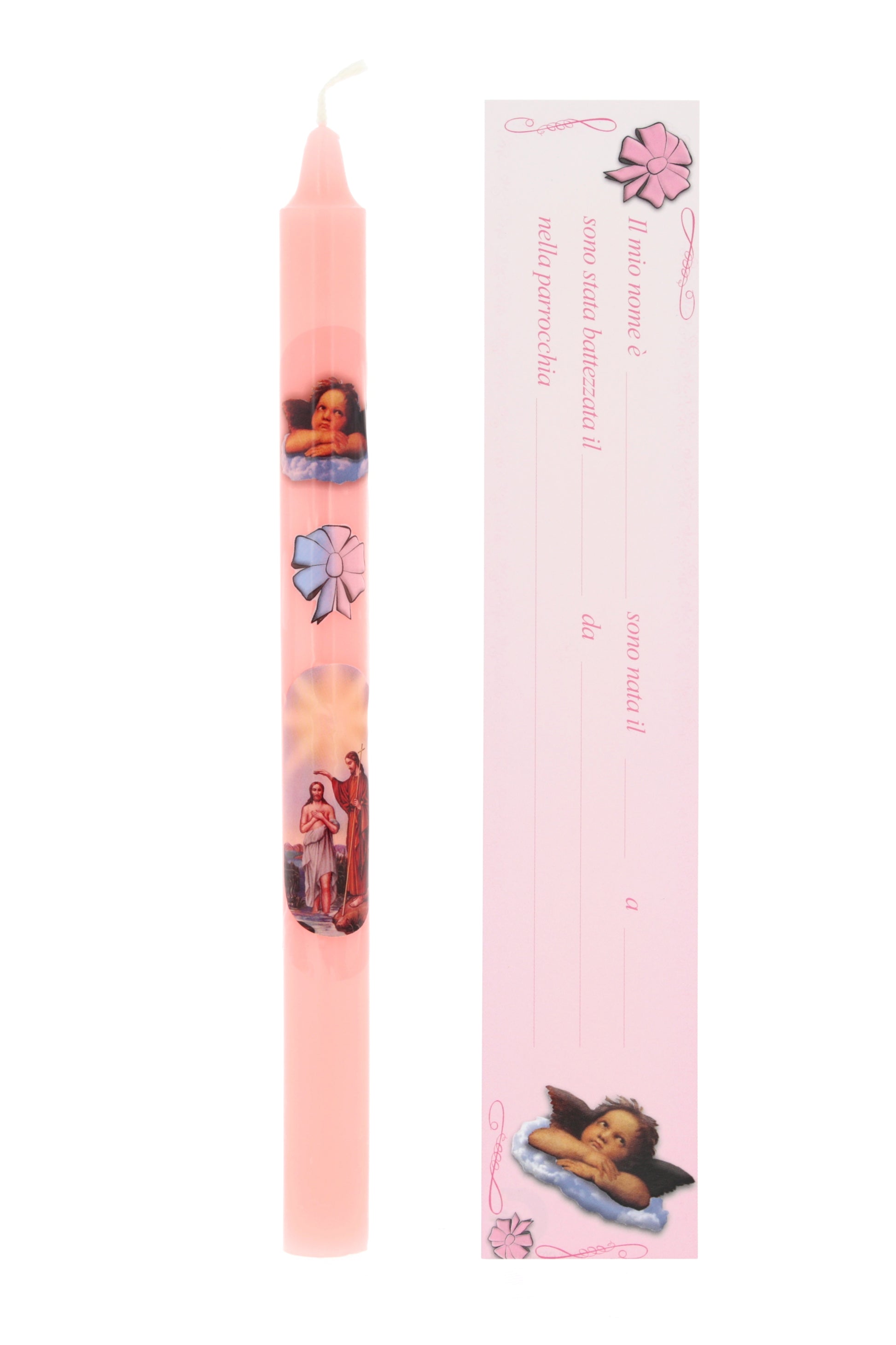 Candela rosa per Battesimo in astuccio con cartoncino