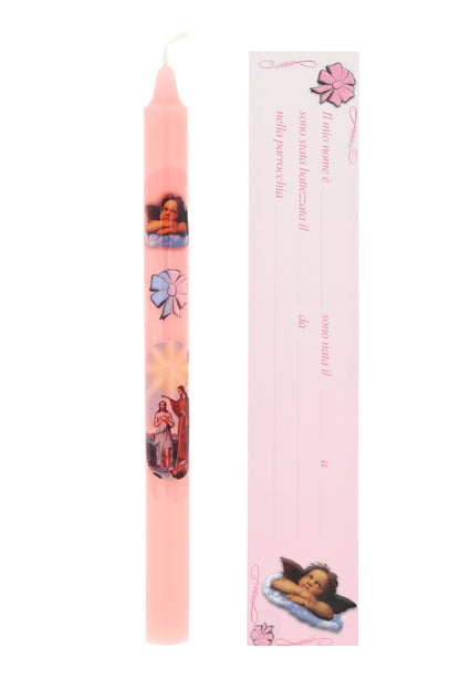 Candela rosa per Battesimo in astuccio con cartoncino