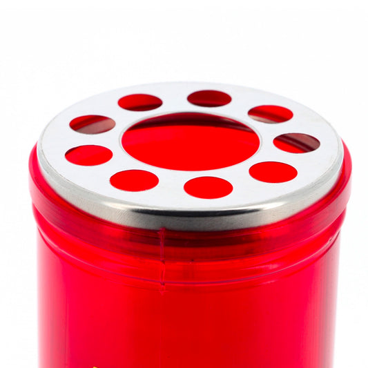 Cero liturgico per il Santissimo in plastica rossa, durata 144 ore. Dimensioni 7x22 cm