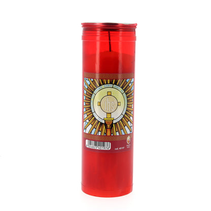 Cero liturgico per il Santissimo in plastica rossa, durata 144 ore. Dimensioni 7x22 cm