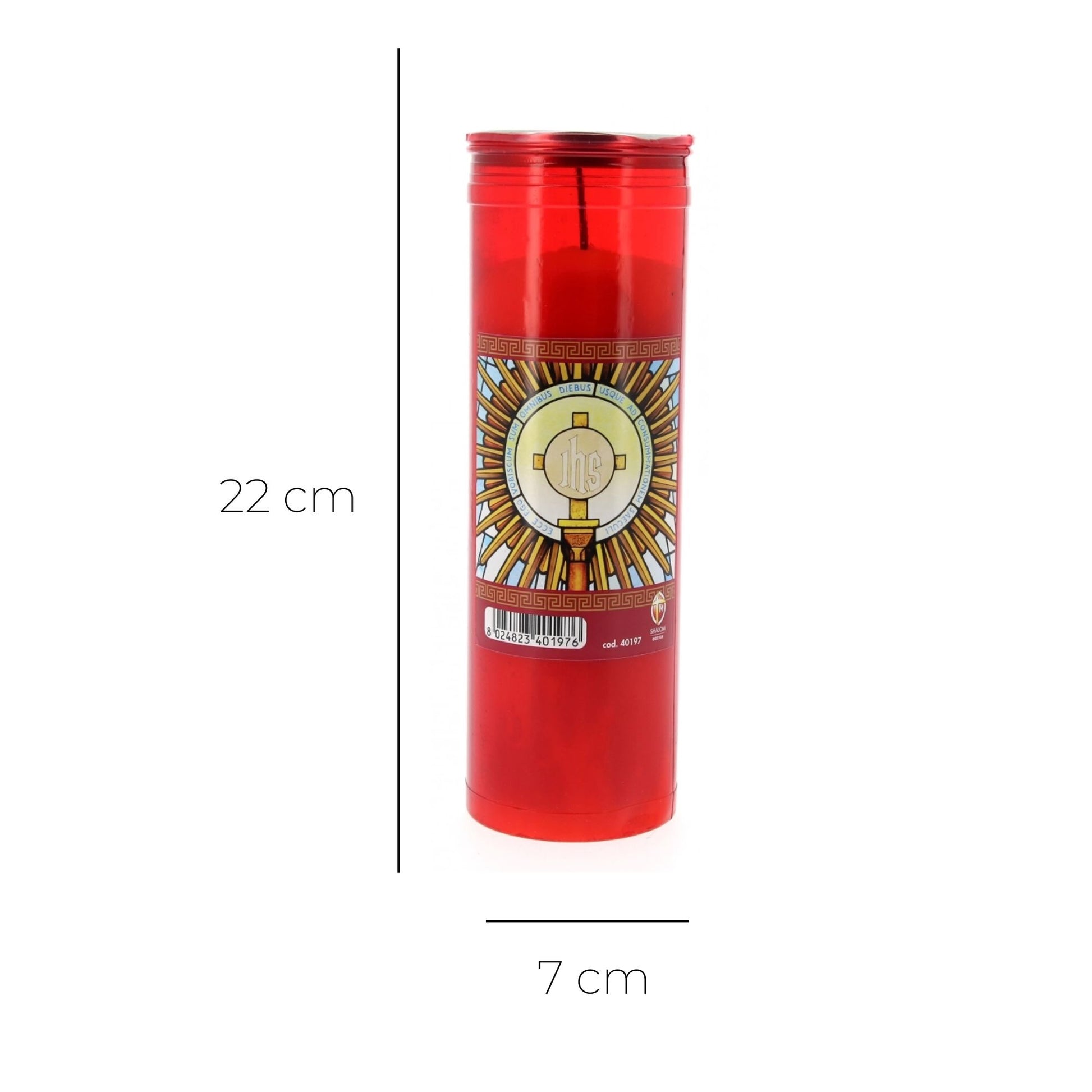 Cero liturgico per il Santissimo in plastica rossa, durata 144 ore. Dimensioni 7x22 cm