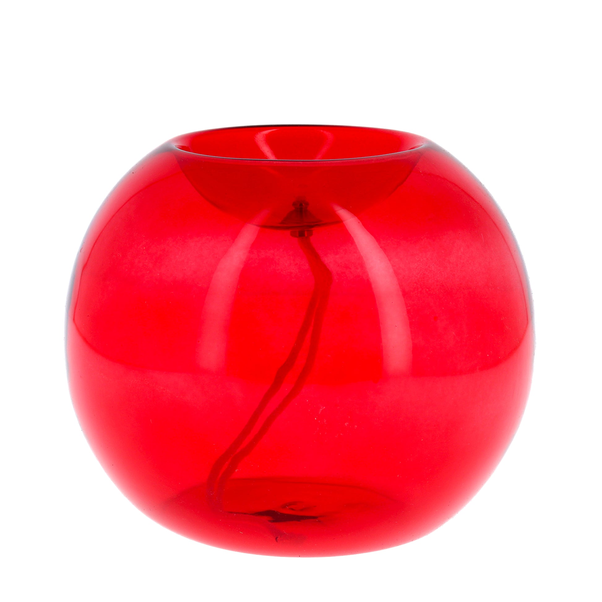 Lume sferico in vetro rosso per cera liquida. Dimensioni 16x14 cm