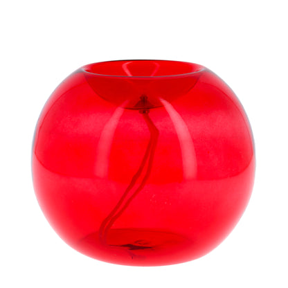 Lume sferico in vetro rosso per cera liquida. Dimensioni 16x14 cm