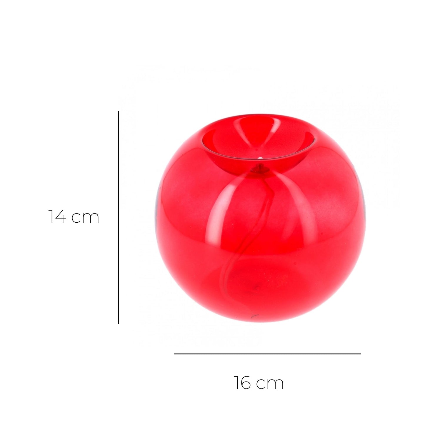 Lume sferico in vetro rosso per cera liquida. Dimensioni 16x14 cm