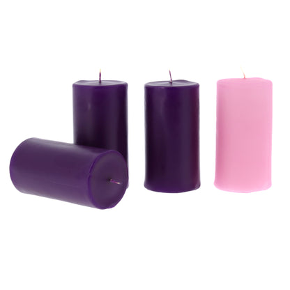 Candela ceri Liturgia in confezione da 3 ceri viola + 1 cero rosa. Dimensioni 6x12 cm