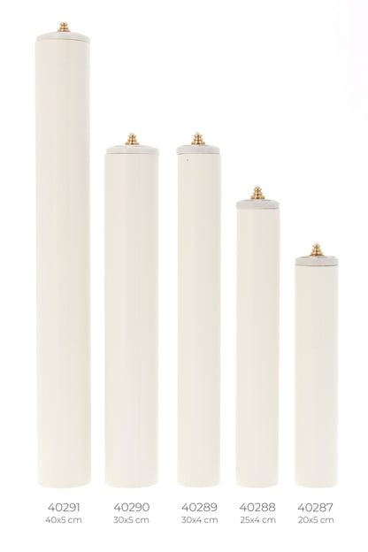 Candela a cera liquida con cartuccia diametro 5 cm e altezza 30 cm.