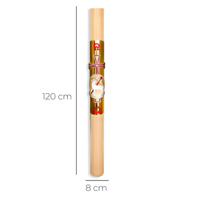 Cero Pasquale in cera d'api con bassorilievo decorato in foglia oro. Dimensioni 8x120 cm