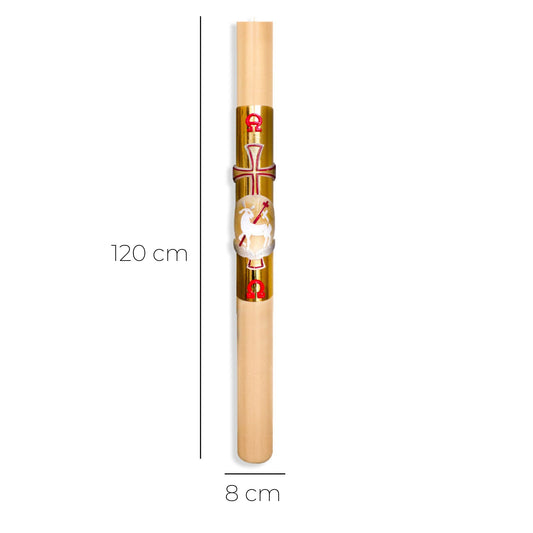 Cero Pasquale in cera d'api con bassorilievo decorato in foglia oro. Dimensioni 8x120 cm