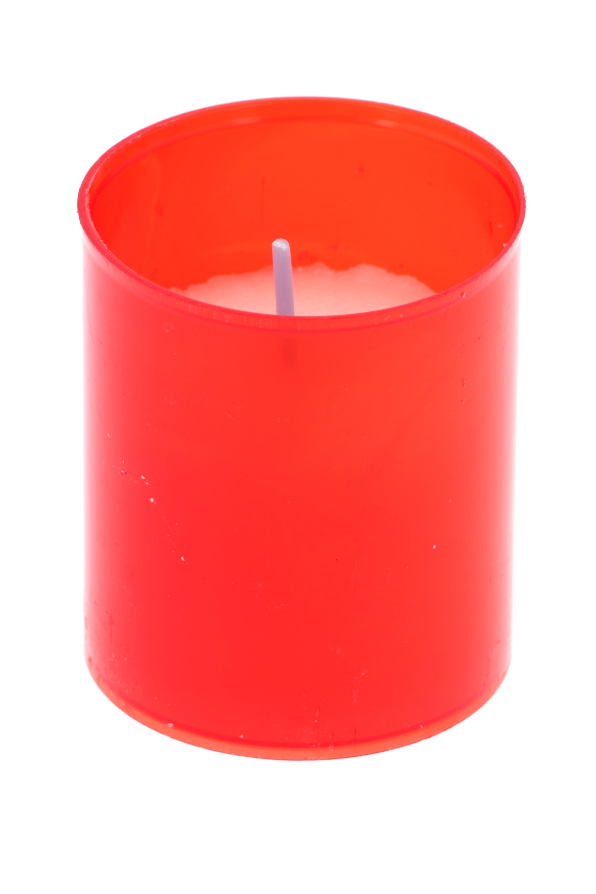 Lumino votivo in plastica rossa. Dimensioni 5,2x6 cm.