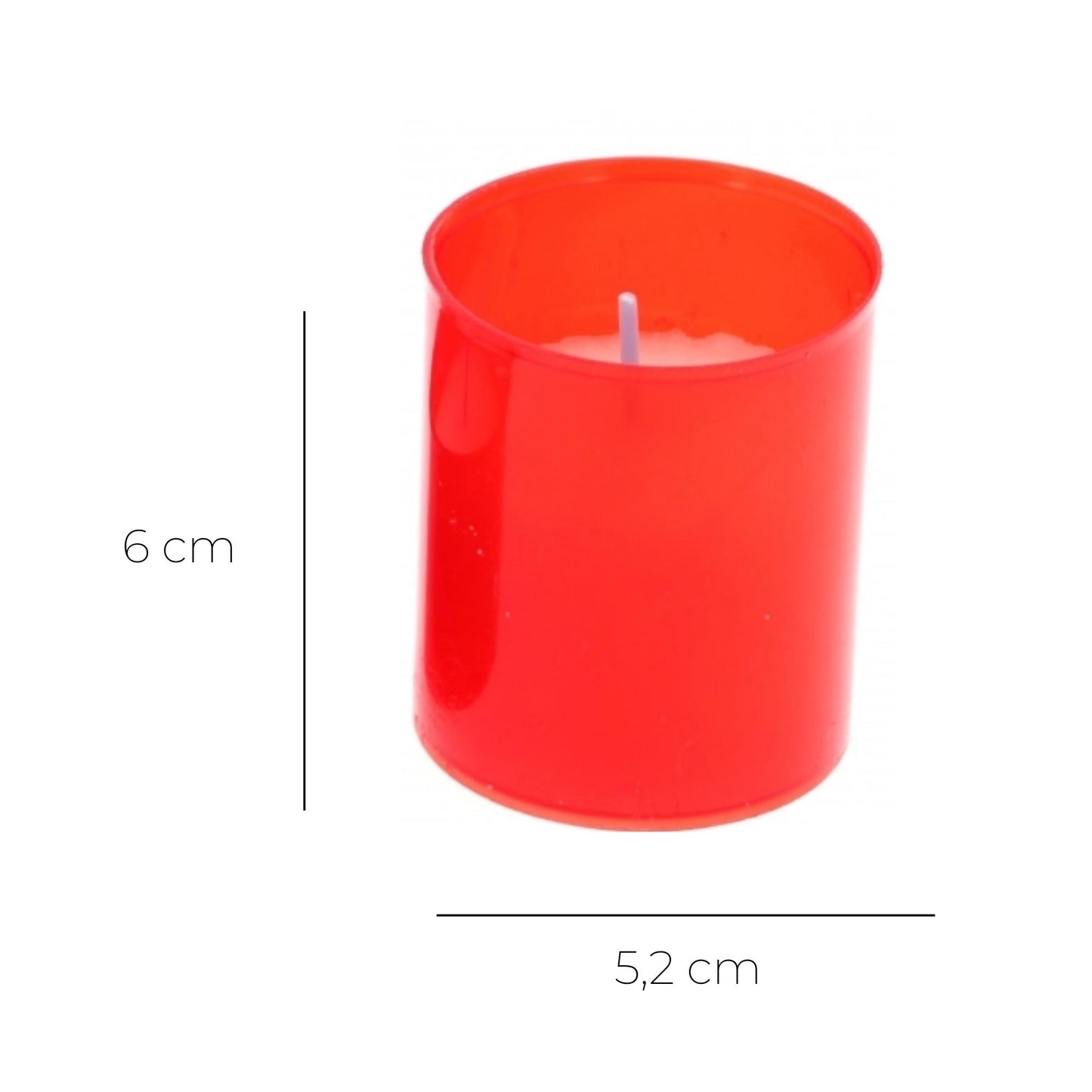 Lumino votivo in plastica rossa. Dimensioni 5,2x6 cm.