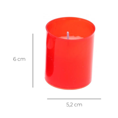 Lumino votivo in plastica rossa. Dimensioni 5,2x6 cm.