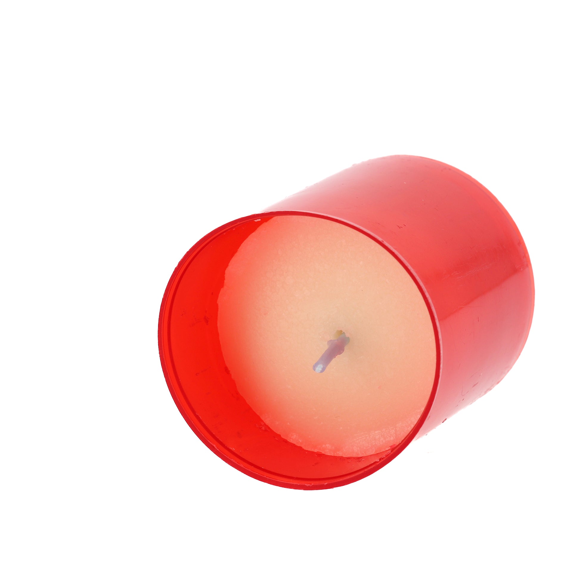 Lumino votivo in plastica rossa. Dimensioni 5,2x6 cm.