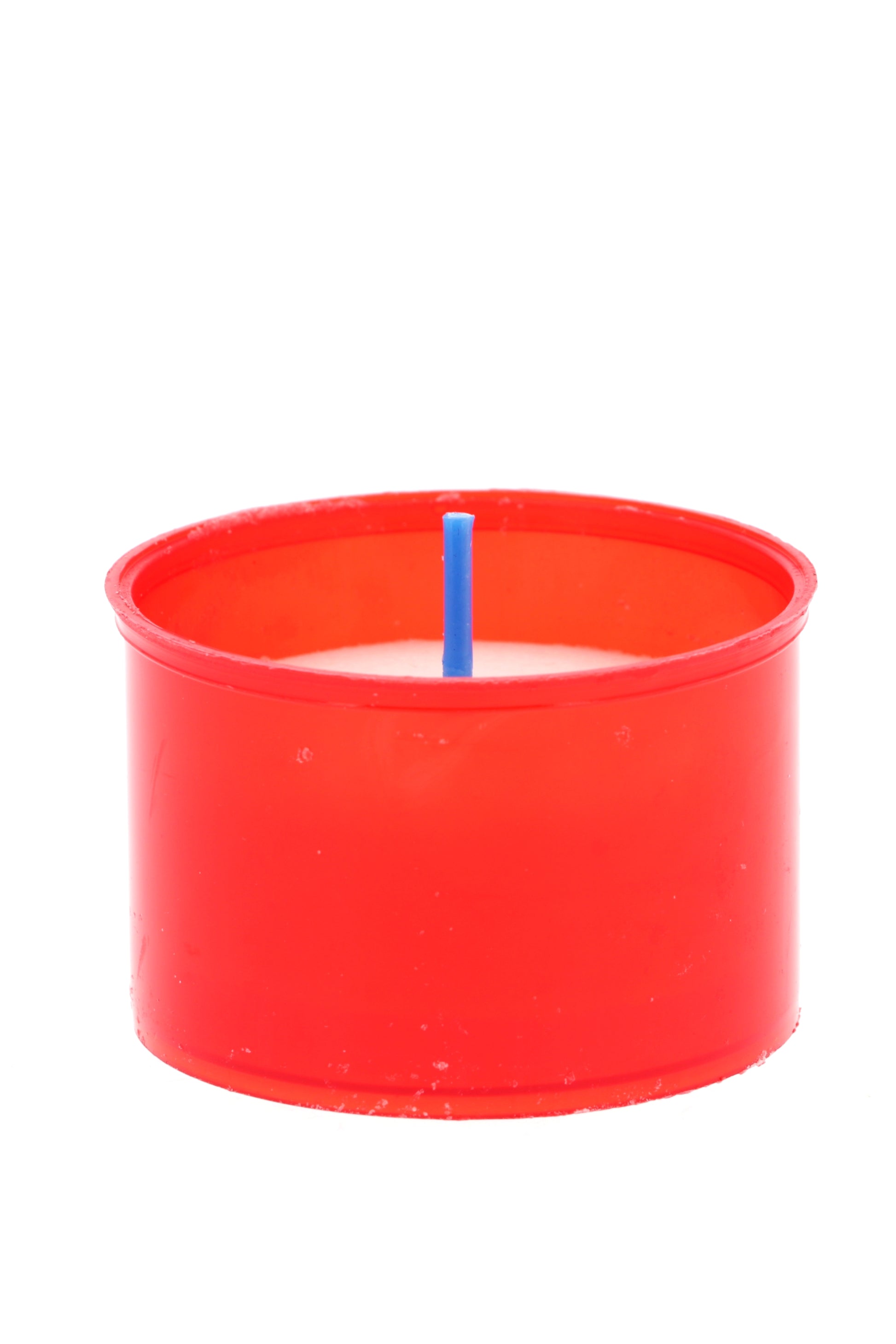 Lumino votivo in plastica rossa. Dimensioni 5,2x3,5 cm