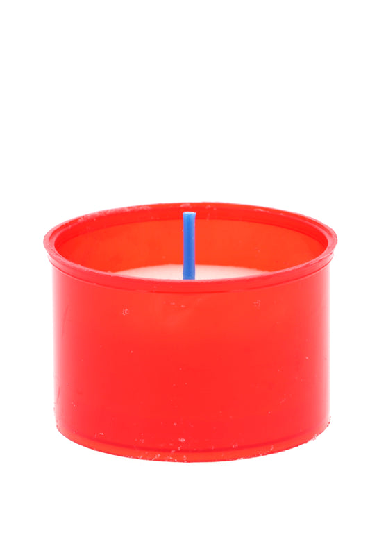Lumino votivo in plastica rossa. Dimensioni 5,2x3,5 cm