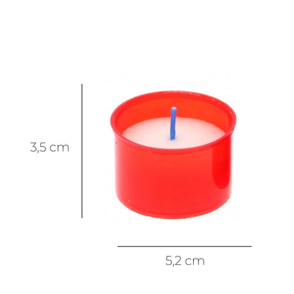 Lumino votivo in plastica rossa. Dimensioni 5,2x3,5 cm