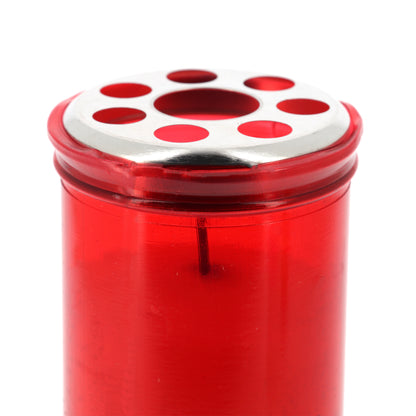 Lumino liturgico in plastica rossa e cera bianca. Dimensioni 6,2x18 cm