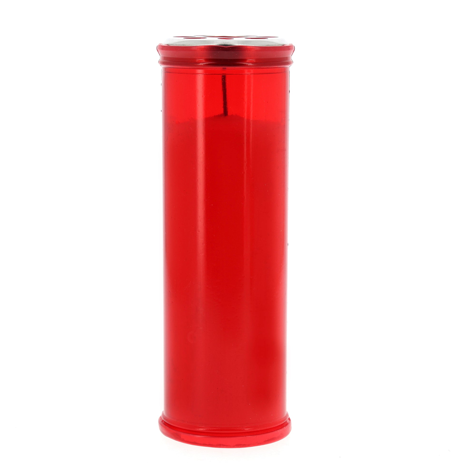 Lumino liturgico in plastica rossa e cera bianca. Dimensioni 6,2x18 cm