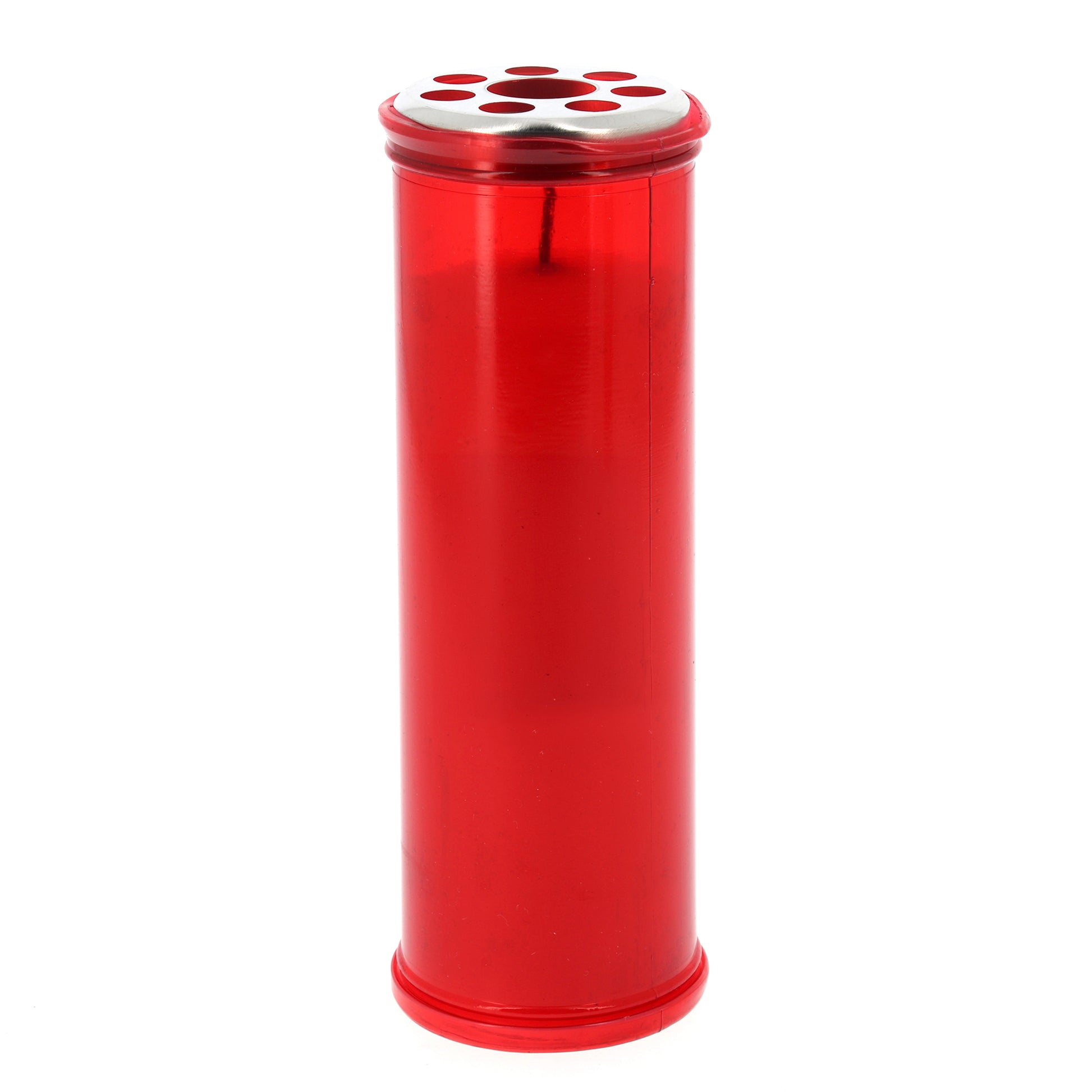 Lumino liturgico in plastica rossa e cera bianca. Dimensioni 6,2x18 cm