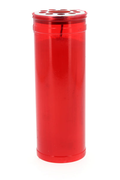 Lumino liturgico in plastica rossa e cera bianca. Dimensioni 7x21 cm