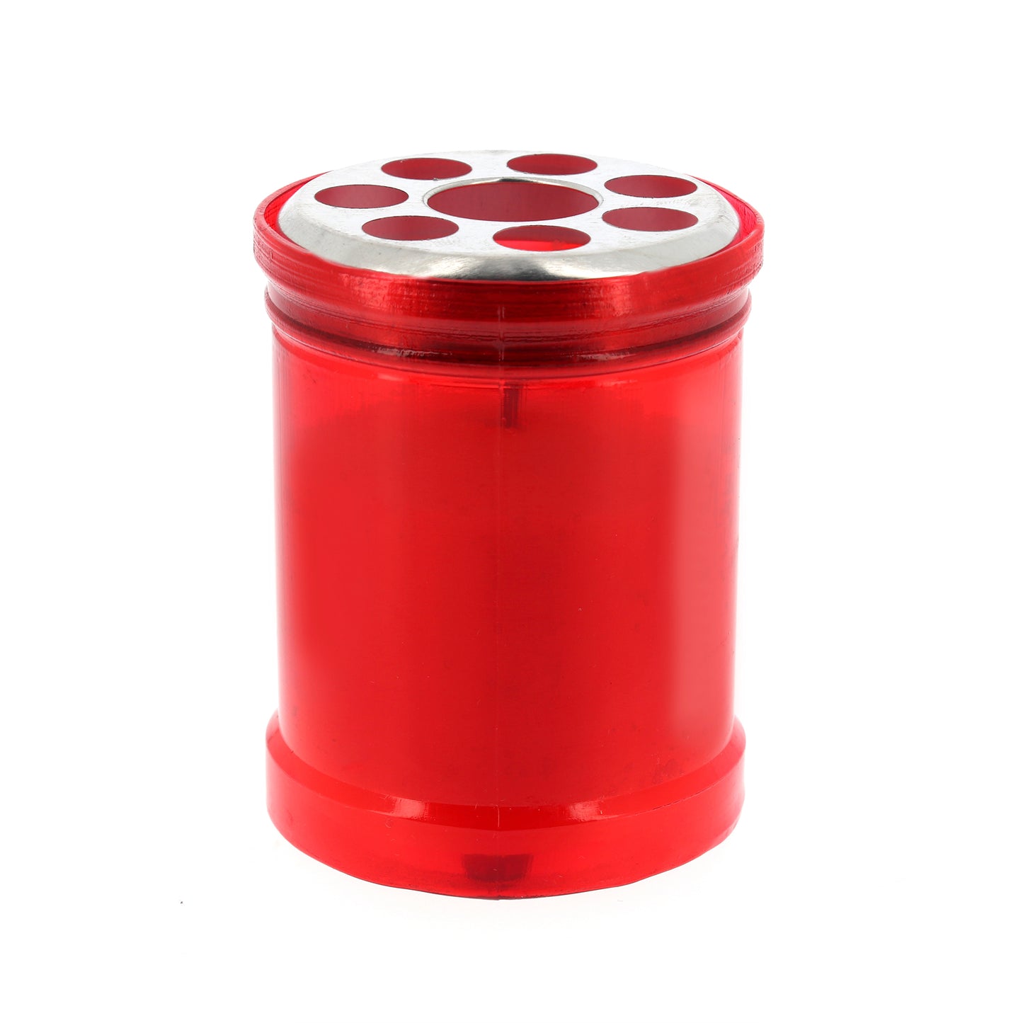 Lumino votivo in cera bianca e plastica rossa. Altezza 8 cm. Durata 36 ore circa