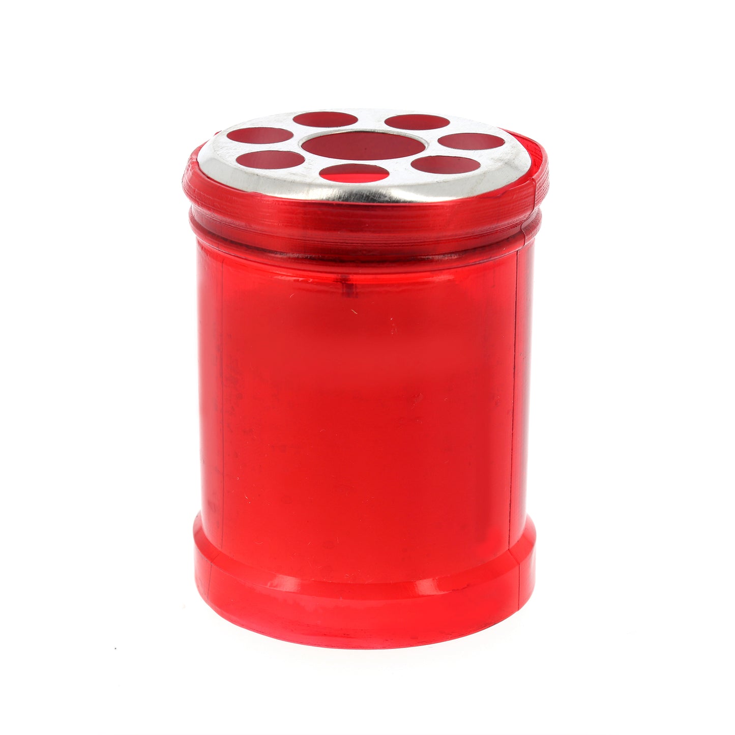 Lumino votivo in cera bianca e plastica rossa. Altezza 8 cm. Durata 36 ore circa