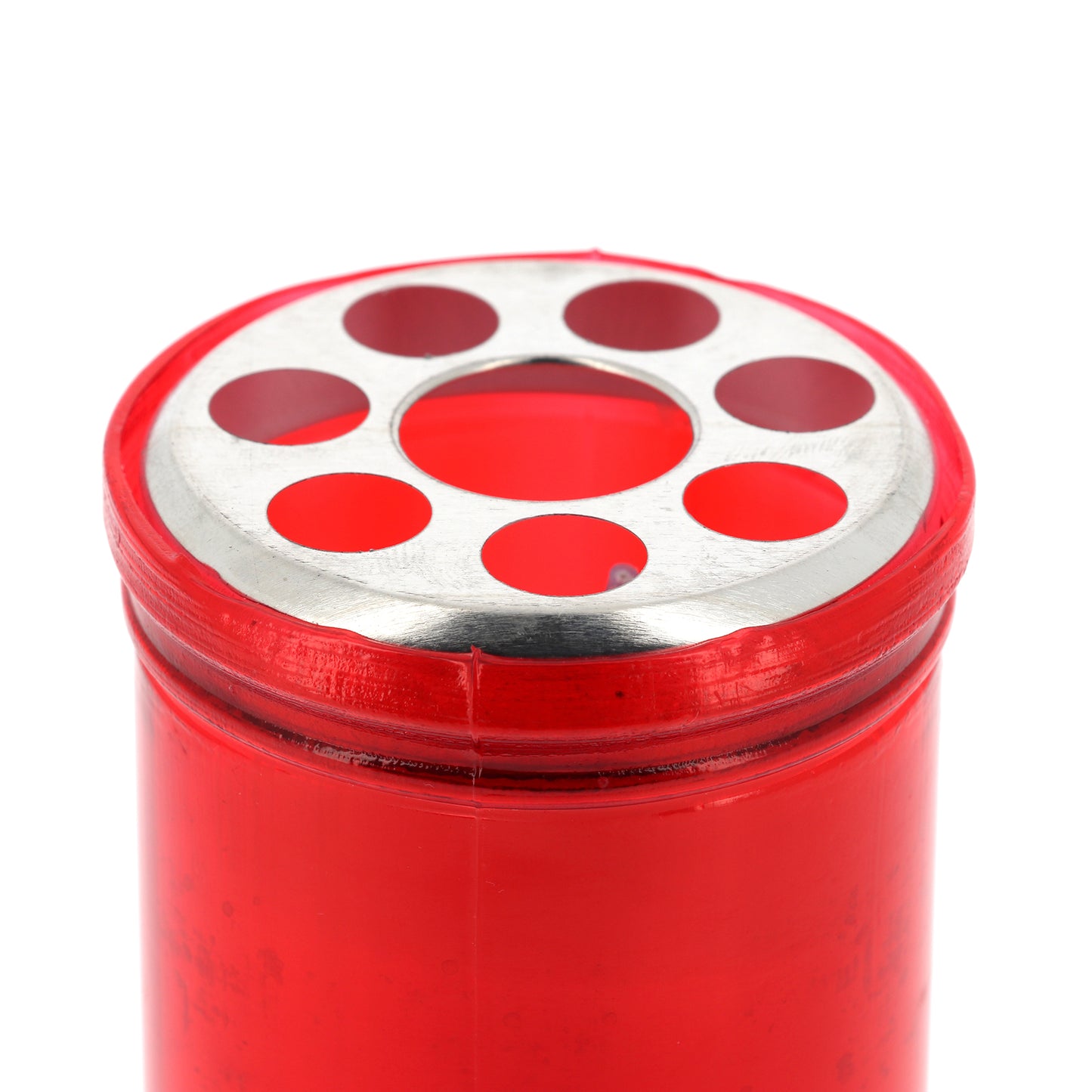 Lumino votivo in cera bianca e plastica rossa. Altezza 8 cm. Durata 36 ore circa