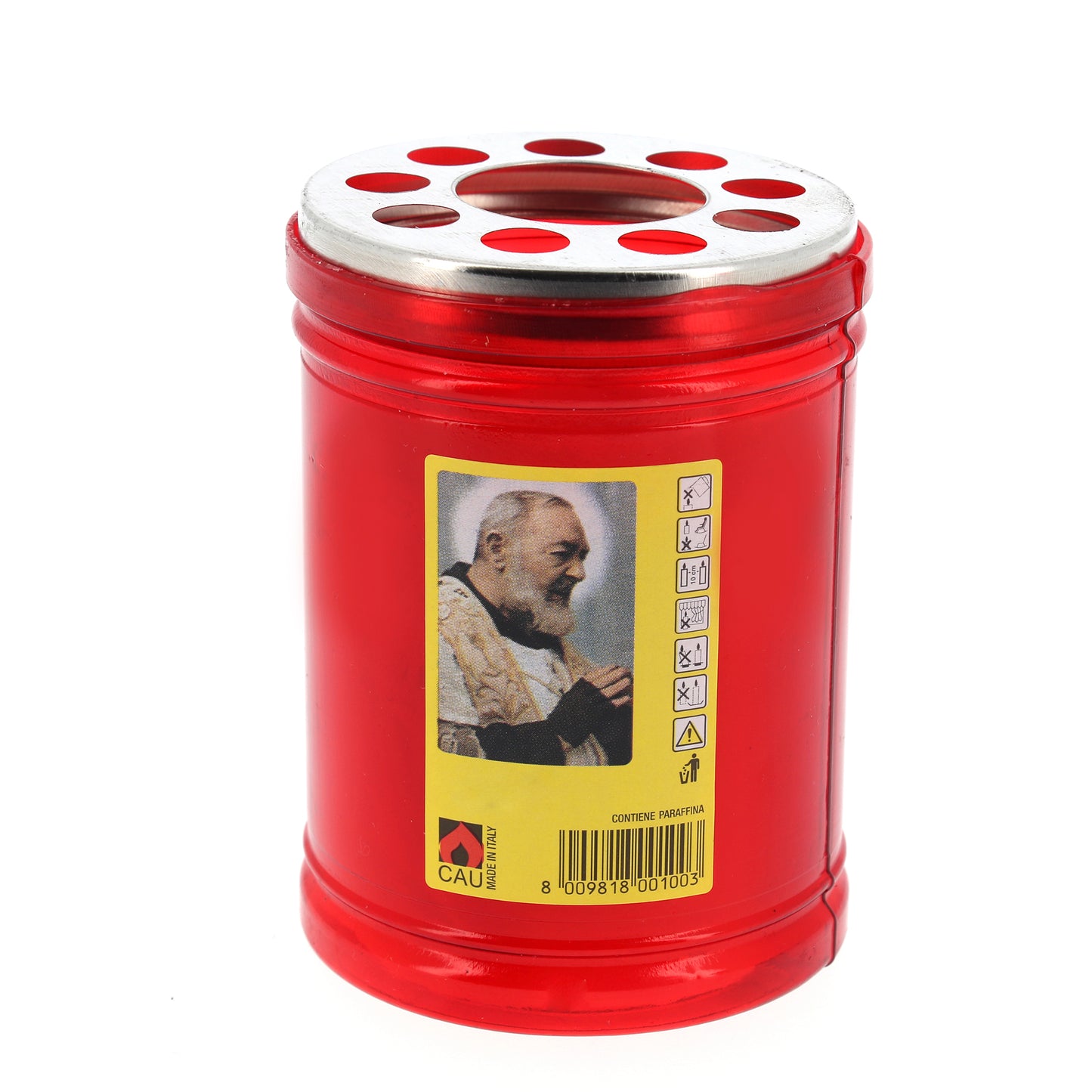 Lumino votivo in plastica rossa immagine padre Pio 65x90 mm. durata dalle 18 alle 24 h