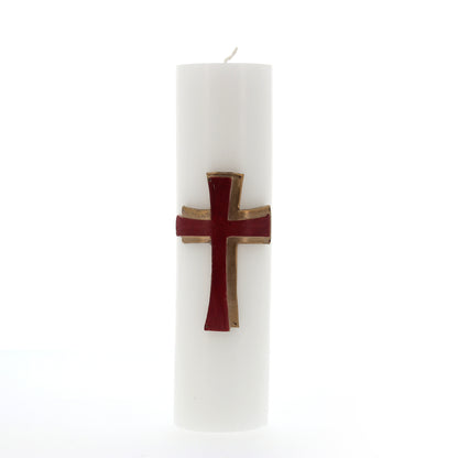 Candela Cero in cera bianca con decorazione in bassorilievo. Dimensioni 8x30 cm