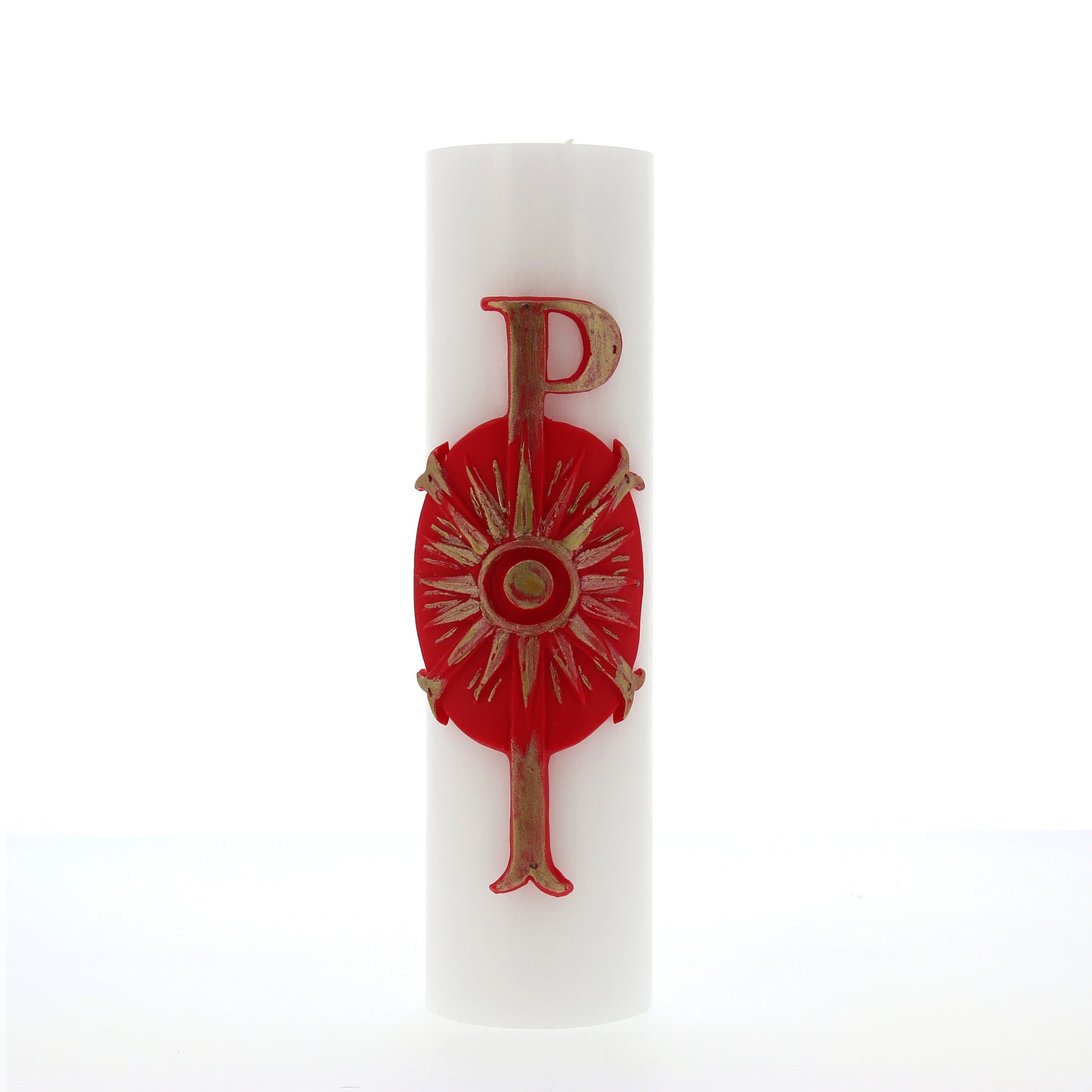Candela Cero in cera bianca con decorazione in bassorilievo. Dimensioni 8x30 cm
