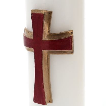 Candela Cero in cera bianca con decorazione in bassorilievo. Dimensioni 8x30 cm