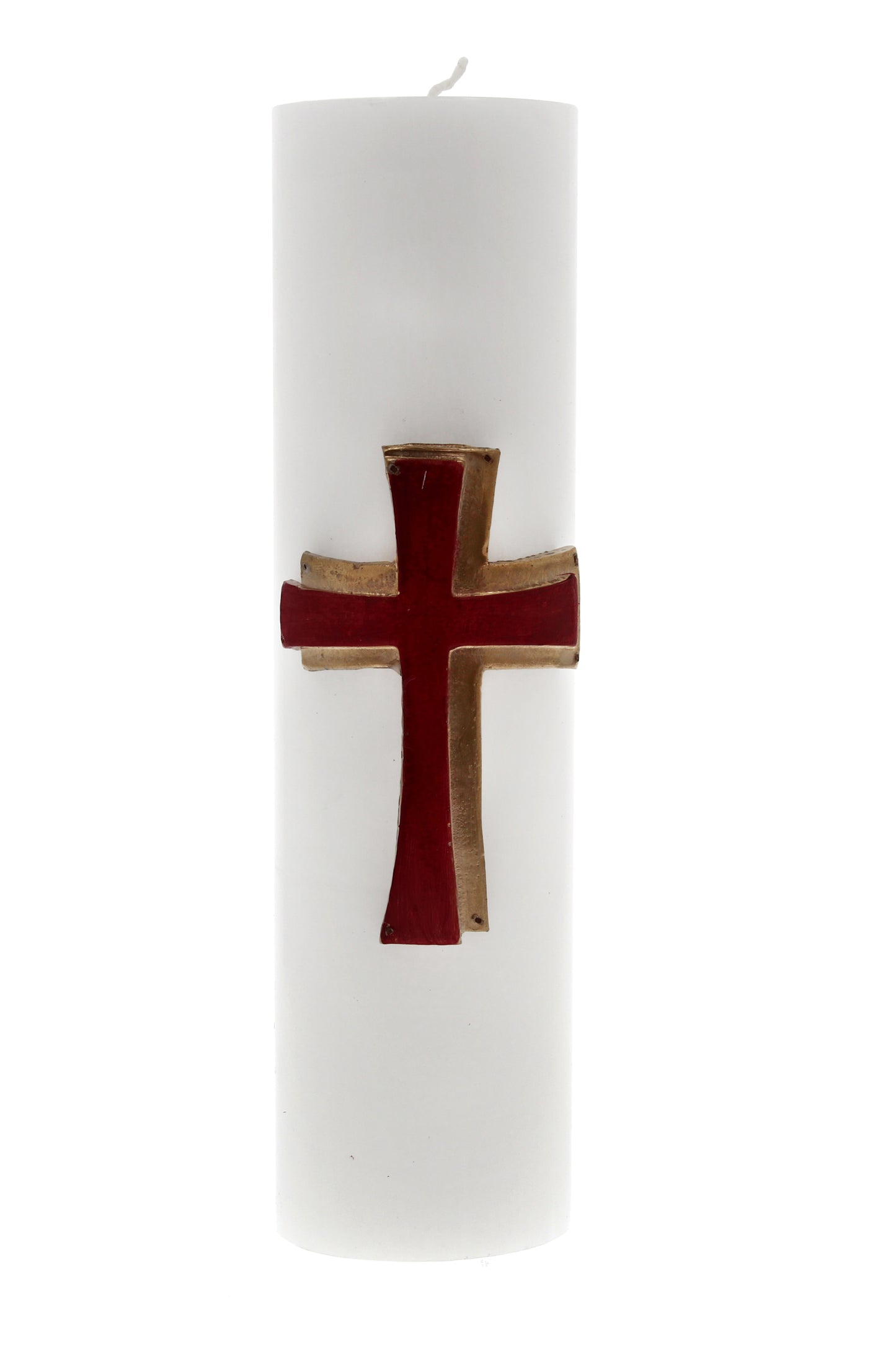 Candela Cero in cera bianca con decorazione in bassorilievo. Dimensioni 8x30 cm