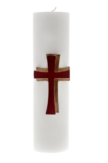 Candela Cero in cera bianca con decorazione in bassorilievo. Dimensioni 8x30 cm