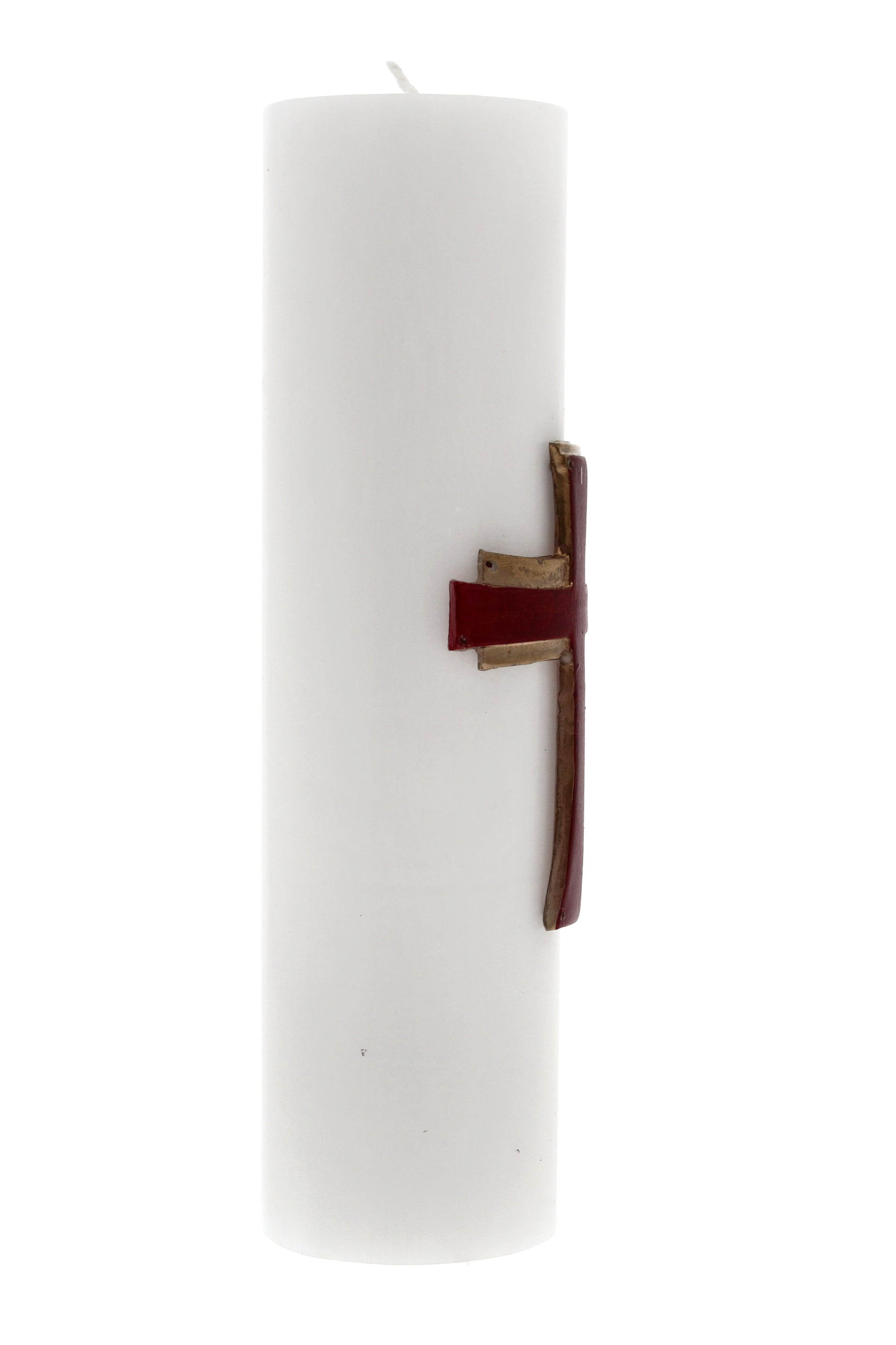 Candela Cero in cera bianca con decorazione in bassorilievo. Dimensioni 8x30 cm