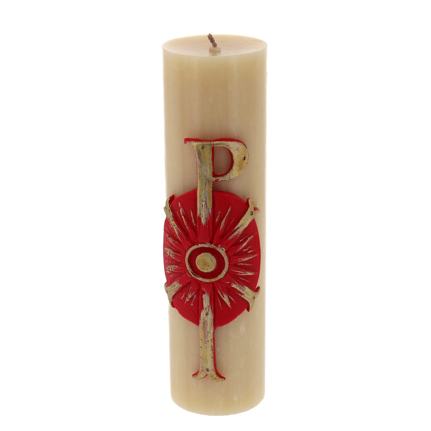Candela Cero in cera d'api con decorazione in bassorilievo. Dimensioni 8x30 cm