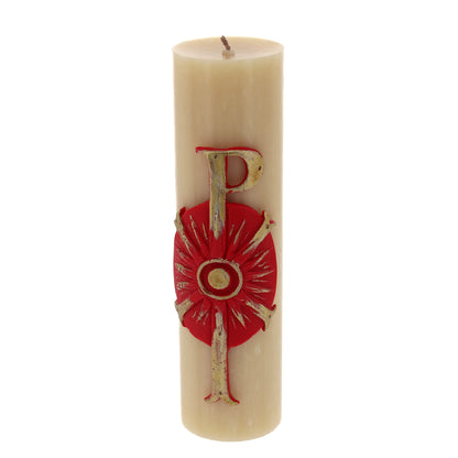 Candela Cero in cera d'api con decorazione in bassorilievo. Dimensioni 8x30 cm