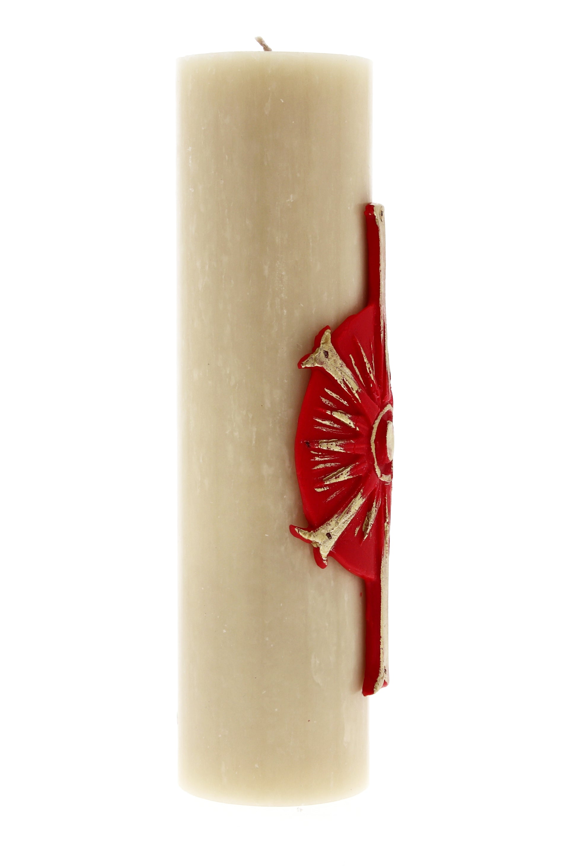 Candela Cero in cera d'api con decorazione in bassorilievo. Dimensioni 8x30 cm