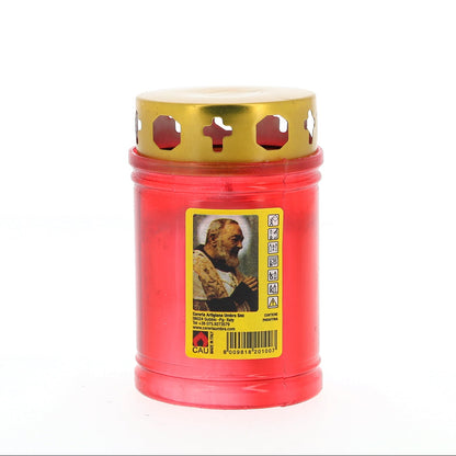 Lumino votivo in plastica rossa con parapioggia e immagine padre Pio 6,5x11 cm. durata dalle 18 alle 24 h