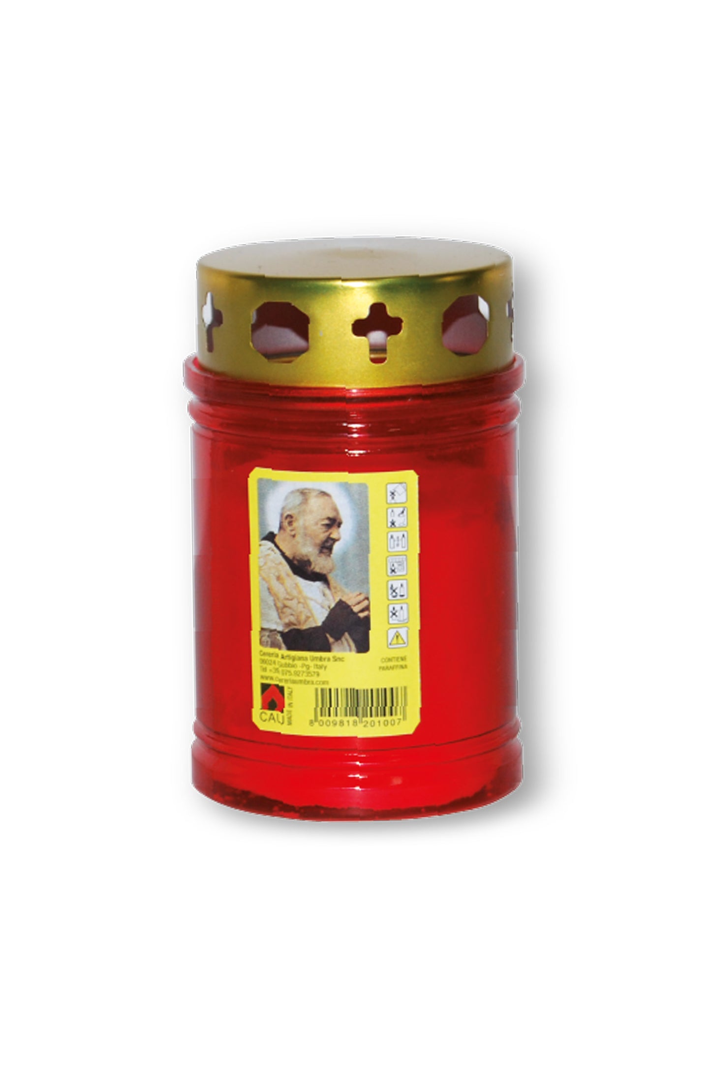 Lumino votivo in plastica rossa con parapioggia e immagine padre Pio 6,5x11 cm. durata dalle 18 alle 24 h