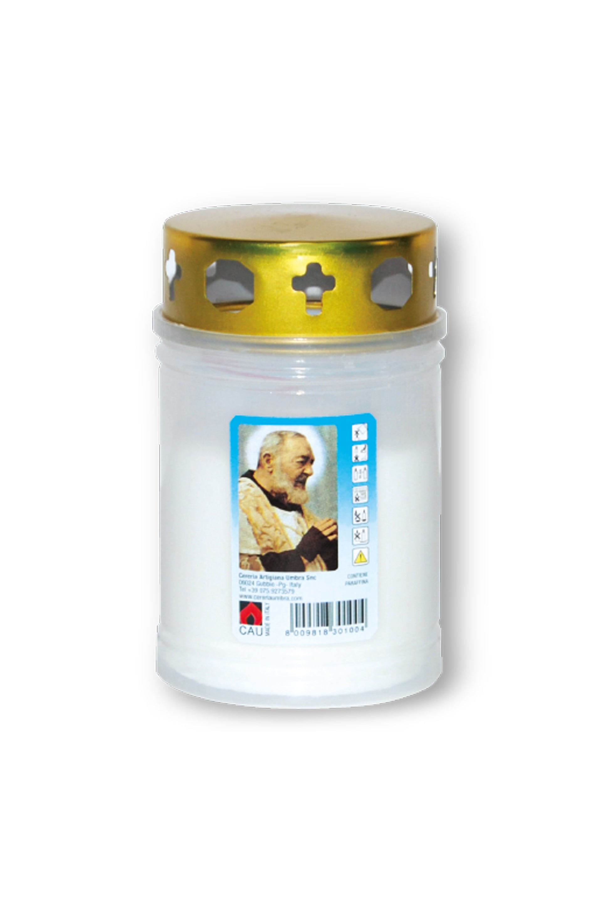 Lumino votivo in plastica bianca con parapioggia e immagine padre Pio 6,5x11 cm. durata dalle 18 alle 24 h