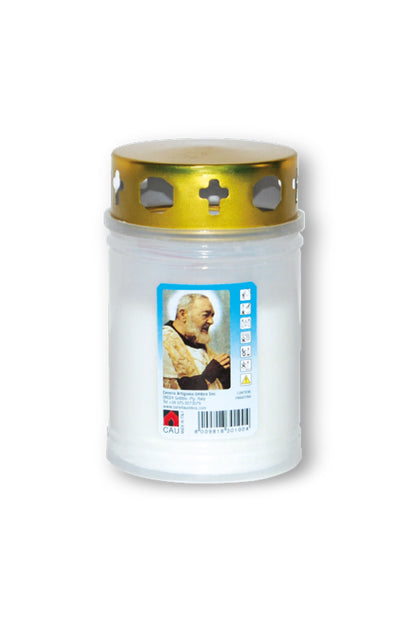 Lumino votivo in plastica bianca con parapioggia e immagine padre Pio 6,5x11 cm. durata dalle 18 alle 24 h