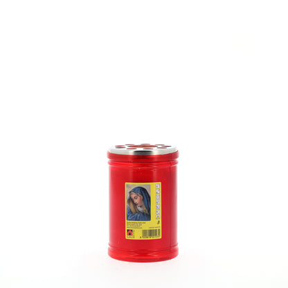 Lumino votivo in plastica rossa con immagine Madonna 6,5x10 cm. durata dalle 24 alle 30 h