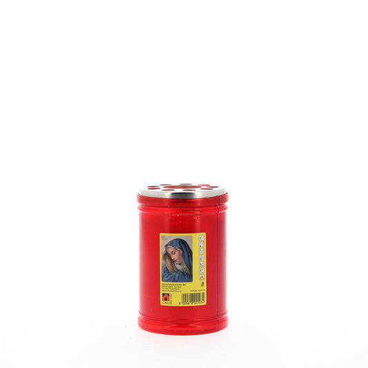 Lumino votivo in plastica rossa con immagine Madonna 6,5x10 cm. durata dalle 24 alle 30 h