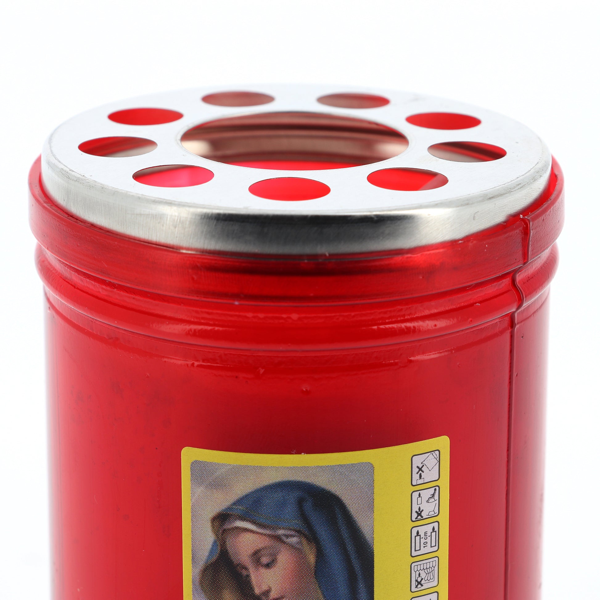 Lumino votivo in plastica rossa con immagine Madonna 6,5x10 cm. durata dalle 24 alle 30 h