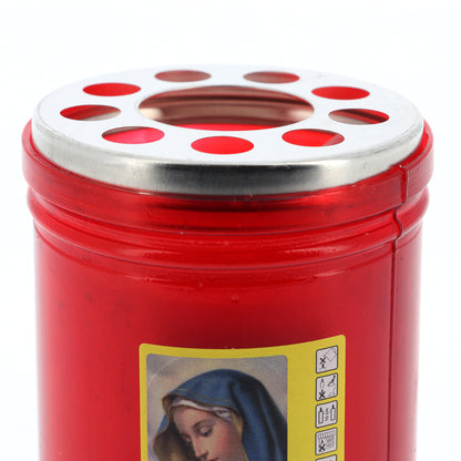 Lumino votivo in plastica rossa con immagine Madonna 6,5x10 cm. durata dalle 24 alle 30 h